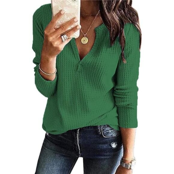 Women's V Neck Waffle Knit Shirt Long Sleeve Loose Fitting Tee Sweater Pullover - Picture 1 of 5